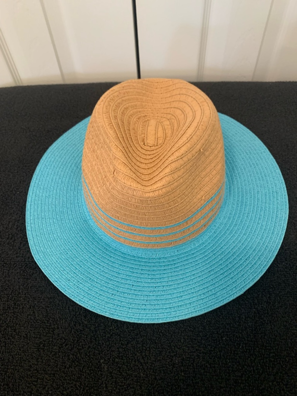 Two-Tone Straw Fedora Hat in Tan and Turquoise
